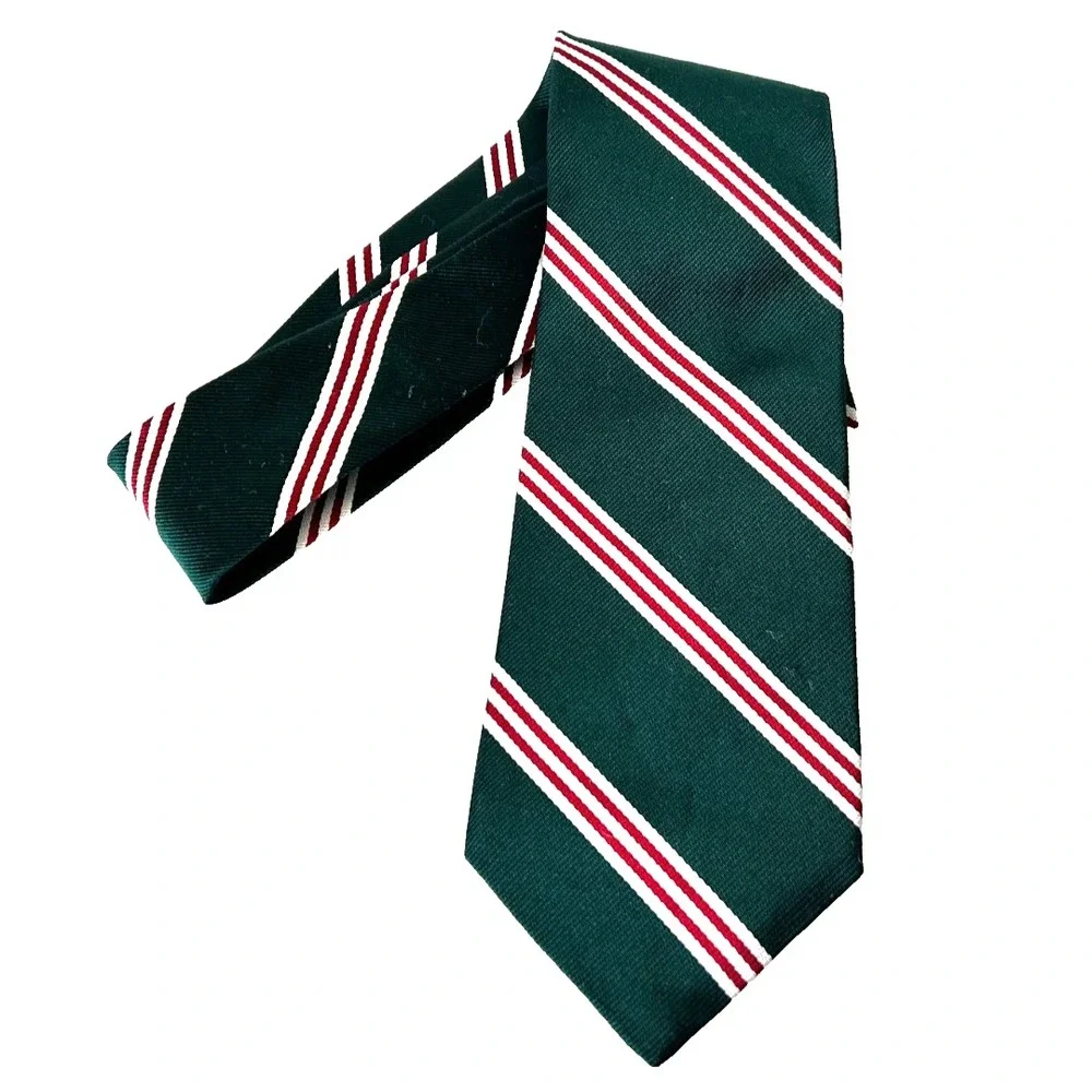 Vtg Rooster Silk Tie Green Burgundy White Regimental Stripe Ivy Preppy USA